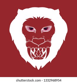 Illustration of a creepy lion head demon with bright red and sharp fangs