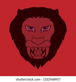 Illustration of a creepy lion head demon with bright red and sharp fangs