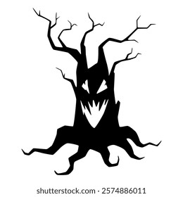 Illustration of a creepy silhouette of a distorted tree with menacing black branches and sharp features forming a creepy face.