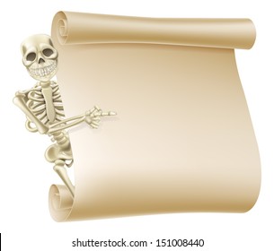 An illustration creepy skeleton peeping round a scroll banner and showing what is written on it.