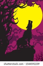 Illustration creepy wolf creature sitting on a cliff