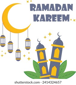 Illustration of the crescent of the holy month of Ramadan with the mosque minaret and lantern, professionally drawn on a white background