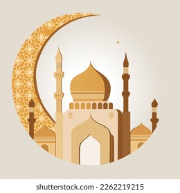 Illustration of Crescent Moon With Carved Mosque On Gray Background. Islamic Festival Concept.