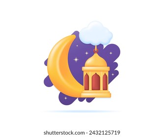 illustration of a crescent moon with clouds and golden lanterns. symbol or concept illustration. minimalist 3d concept design. graphic elements. Ramadan, Eid al-Fitr and, Eid al-Adha. 3d vector