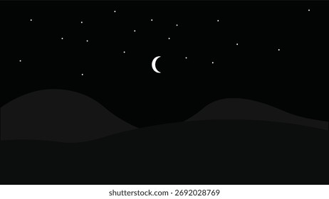 Illustration of a crescent moon, dark black sky and mountain view.