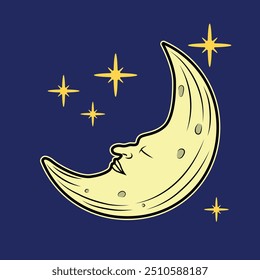 Illustration of a crescent moon with face.