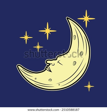 Illustration of a crescent moon with face.