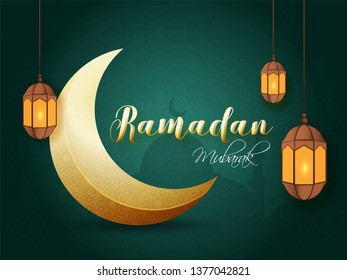 Illustration of crescent moon with illuminated lanterns decorated on green islamic seamless pattern background for Ramadan Mubarak celebration banner design. 