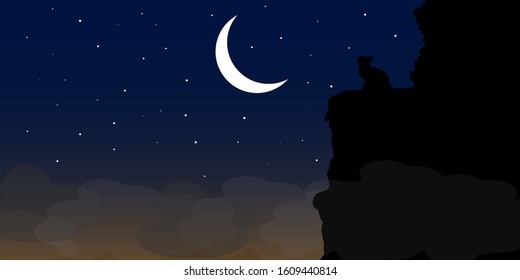 Illustration of crescent moon light, and a cat on the cliff looking up at the nightsky. Background vector.