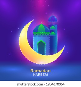 Illustration Of Crescent Moon With Mosque And Lighting On Glossy Blue Background For Ramadan Kareem Concept.