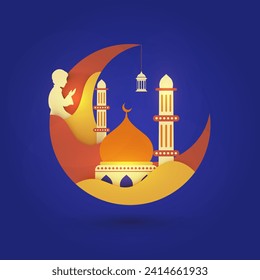 Ilustración de Crescent Moon con mezquita y niño rezando para el concepto de celebración del Festival de la Comunidad Musulmana de Ramadan Kareem.