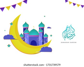 Illustration of Crescent Moon with Mosque, Stars, Clouds and Bunting Flags on White Background for Ramadan Kareem Concept.