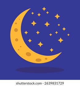 An illustration of a crescent moon with scattered stars, depicting a calm night sky.