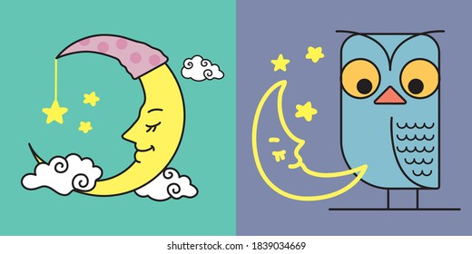 Illustration of a crescent moon with a sleeping face 
night-acting owl symbol
