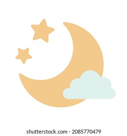 Illustration of crescent moon, stars and clouds