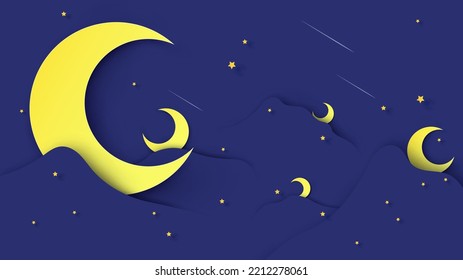 Illustration of crescent moon and stars on the night sky. Half moon and stars in midnight. Ramadan Kareem festival background. paper cut and craft style. vector, illustration.