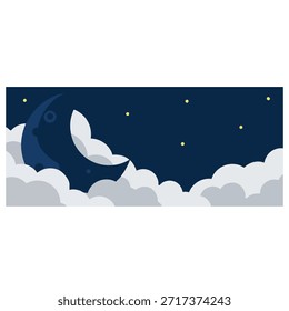 Ilustración de una luna creciente rodeada de nubes y estrellas en el cielo nocturno