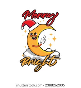 Illustration of a crescent moon wearing a red Christmas hat. With the words "Merry Bright". Suitable for designing t-shirts, jackets, hoodies, bags, etc.