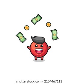 illustration of the cricket ball catching money falling from the sky , cute design