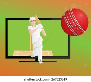 Illustration of a cricket ball coming out of 3D TV, A batsman playing shot stepping out of 3D TV