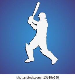 Illustration of a cricket batsman in playing action on blue background.