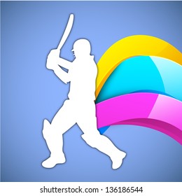 Illustration of a cricket batsman in playing action on glossy colorful wave background.