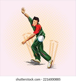 illustration of cricket bowler player playing sport championship game 