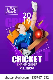 illustration of Cricket Championship poster or banner design with batsman on stadium 