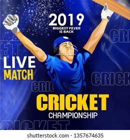 illustration of Cricket Championship poster or banner design with batsman on stadium 