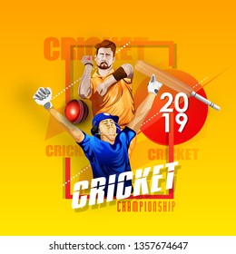 illustration of Cricket Championship poster or banner design with batsman on stadium 