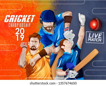 illustration of Cricket Championship poster or banner design with batsman on stadium 