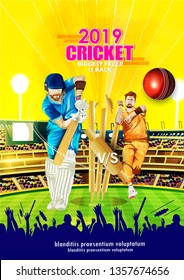 illustration of Cricket Championship poster or banner design with batsman on stadium 