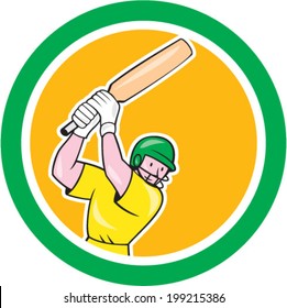 Illustration of a cricket player batsman with bat batting set inside circle done in cartoon style on isolated background.