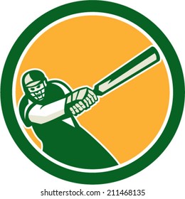 Illustration of a cricket player batsman with bat batting facing front set inside circle done in retro style on isolated background. 