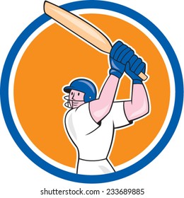 Illustration of a cricket player batsman with bat batting set inside circle on isolated background done in cartoon style. 