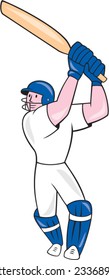 Illustration of a cricket player batsman with bat batting done in cartoon style on isolated white background.