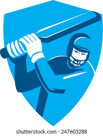 Illustration of a cricket player batsman with bat batting set inside shield crest done in retro style on isolated background.