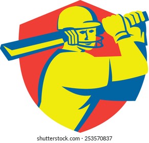 Illustration of a cricket player batsman with bat batting set inside shield crest done in retro style on isolated background.