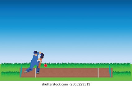 Illustration of Cricket Player in blue costume Hitting Shot the red ball on the pitch. Batsman playing cricket in the Stadium Poster. Batsman In Playing Action. Editable vector EPS available