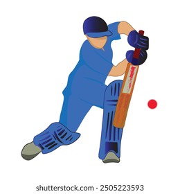 Illustration of Cricket Player in blue costume Hitting Shot the red ball. Batsman playing cricket poster isolated on white background. Batsman In Playing Action. Editable vector EPS available