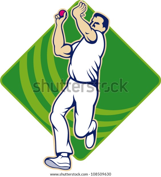 Illustration of a cricket player bowler\
bowling with cricket ball in background isolated on\
white