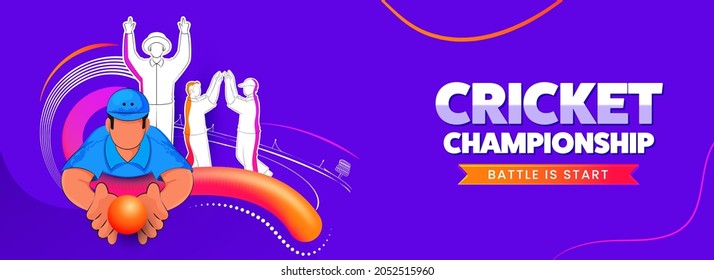 Illustration Of Cricket Player Team In Different Poses With Blend Wave On Violet Background For Championship Battle Is Start.