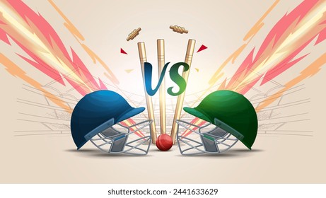 Illustration von Cricket Stump, Ball und Helm, Stadion. Cricket League Banner mit Stumpf, Ball und Helm. Indien und Pakistan