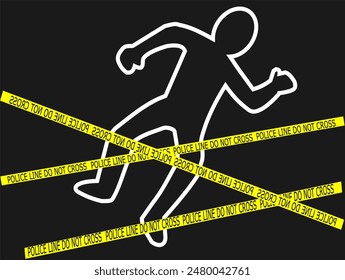 illustration of a crime scene accident victim, murder. police line, do not cross