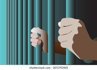 Illustration of a criminal inmate in prison with hands holding iron bars