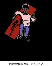 Illustration of criminal with knife chasing boy