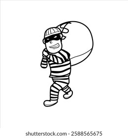 illustration of a criminal, who is running away with a sack of money, black and white, cartoon, good for your visual elements, vector format