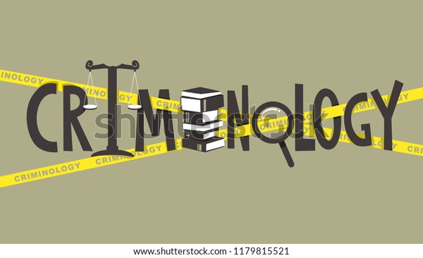 Illustration of\
Criminology Lettering Design with Books, Weighing Scale, Magnifying\
Glass and Police\
Tape