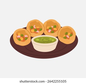Ilustração da indiana crocante pani puri golgappa repleta de batata picante e ervilhas, servida com chutney verde picante.