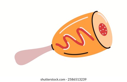 Illustration of a crispy Korean-style corn dog, drizzled with ketchup and mustard, a popular Asian street food snack, drawn in a fun and modern vector style.
